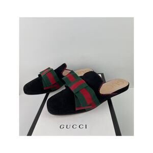GUCCI Black Suede Mules Green Red Bow Slip On Closed Square Toe Open Back Sz 38